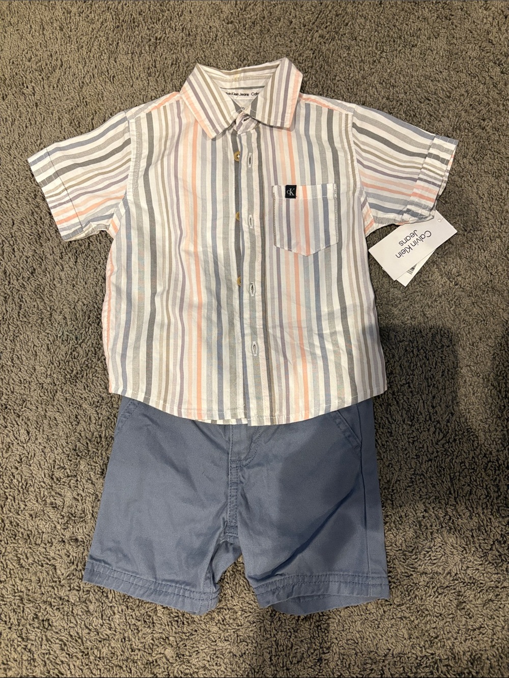 Calvin Klein Striped Short-Sleeve Button-Down in White, Blue & Peach